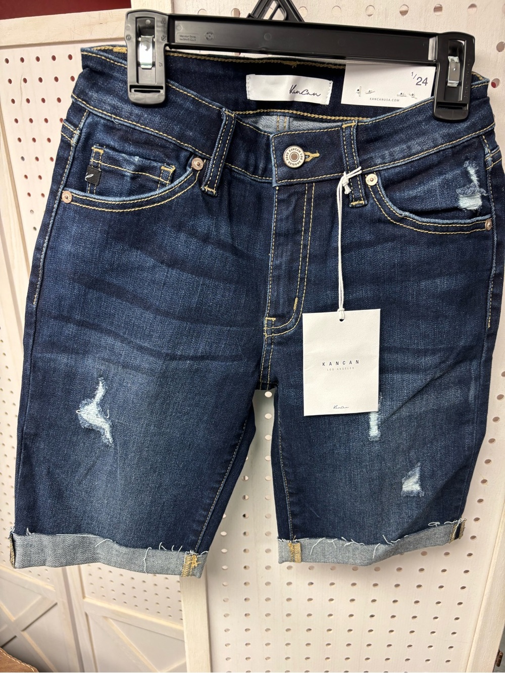 KanCan Dark Indigo Distressed Cuffed Denim Shorts